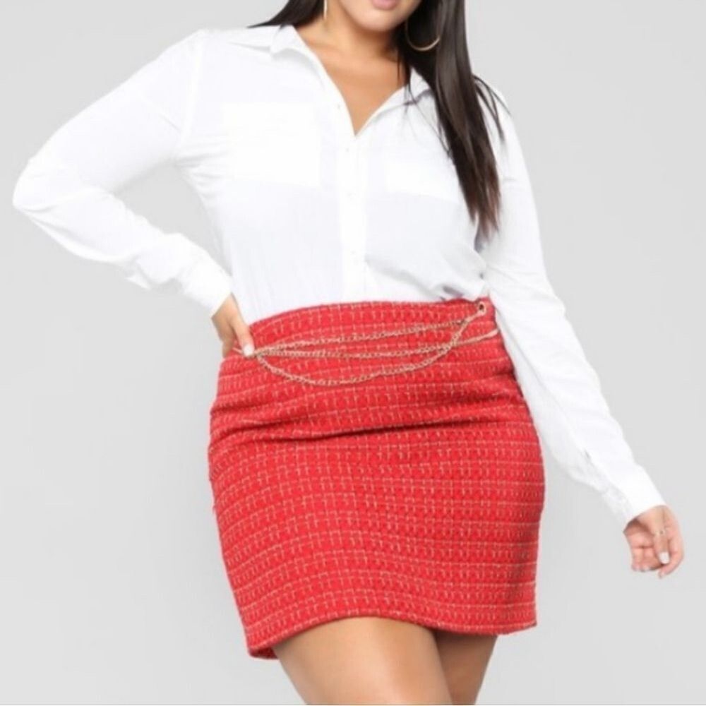 Fashion Nova Red w Gold Plaid Tweed Skirt